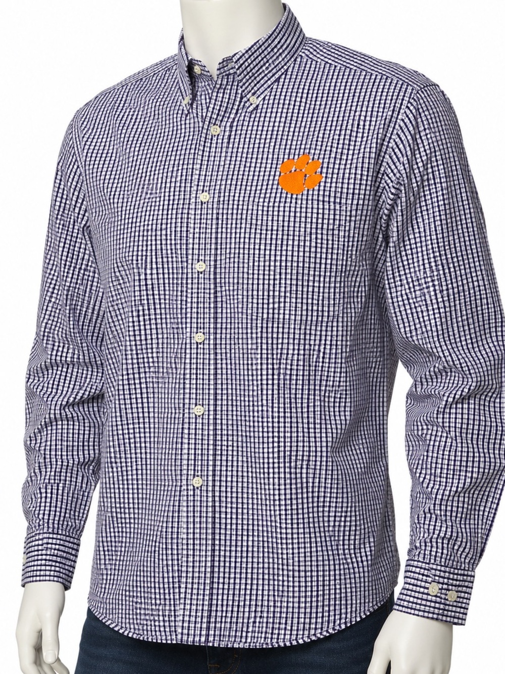 Men's Clemson Tigers Gingham Check Antigua Long Sleeve Button Down Shirt Large